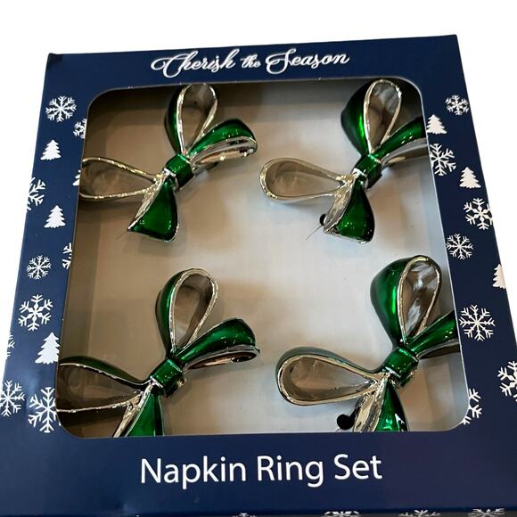 Green Bow Christmas Napkin Rings Set of 4 Silver Holiday Glam Cherish the Season - Picture 3 of 14